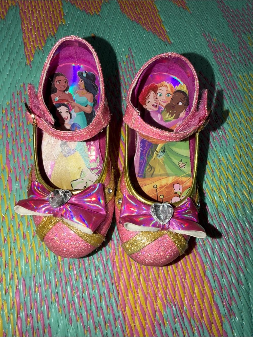 Disney Girls' Pink Glitter Mary Jane Shoes with Holographic Bows